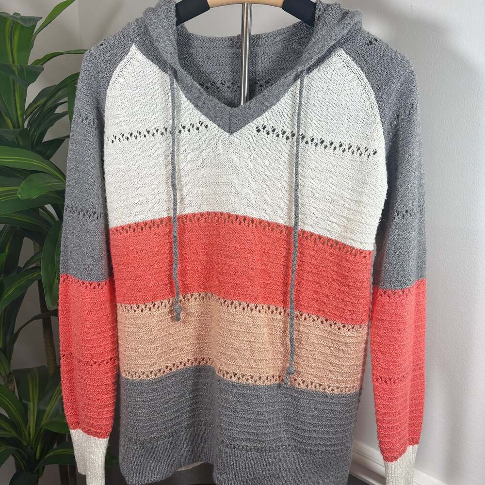 Women's Crocheted Color Block Light Weight Hooded Sweater - Sz S/M